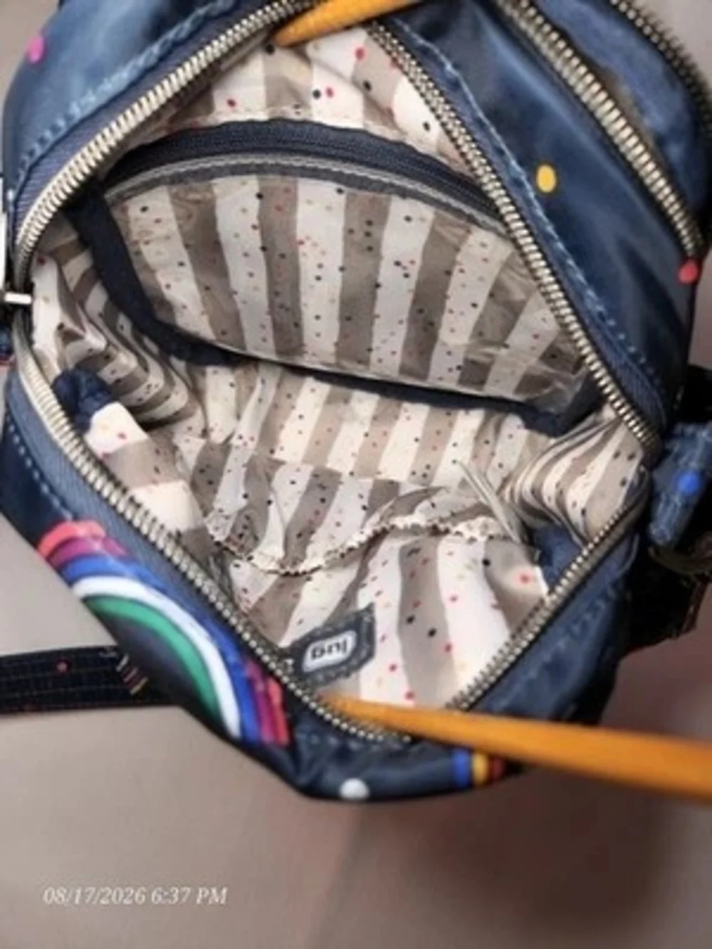 Lug Can Can Crossbody Bag Rainbow Arc Navy Quilted Multi‑Pocket Travel Purse